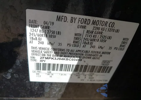 2019 Ford Edge из США, поврежденный, VIN 02FPL3J94KBC03459